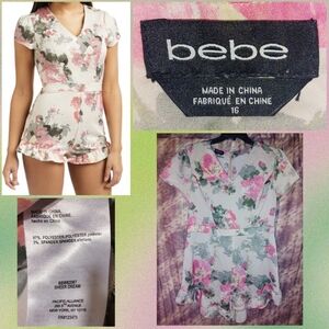 Bebe brand Cream/Multiclr Sheer Dream Floral Ruffle Hem Soft Satin Romper Sz 16